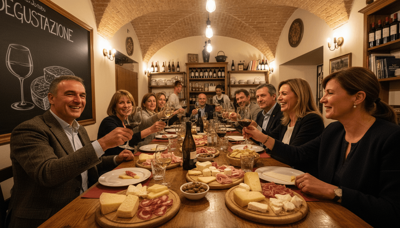 Turisti che degustano vino e formaggi in un ristorante tradizionale di Bologna