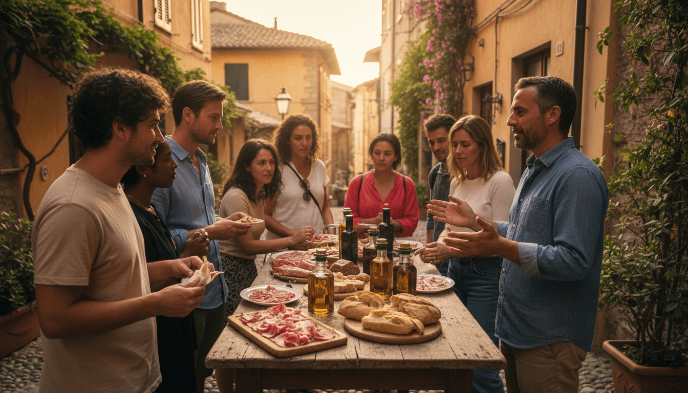 Gruppo di turisti degusta vini e formaggi tradizionali bolognesi in una piazza storica