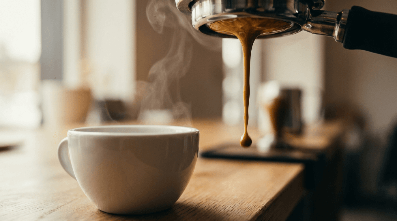 Freshly poured espresso flowing into white cup with steam rising, warm soft-focus café background.