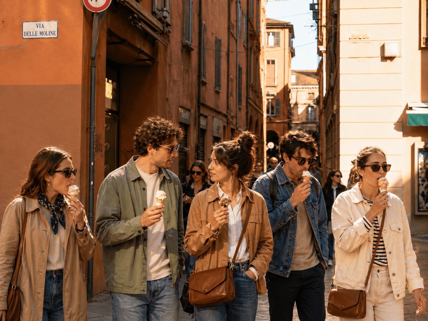 Cinque amici mangiano coni gelato passeggiando in una stretta via soleggiata in Italia.