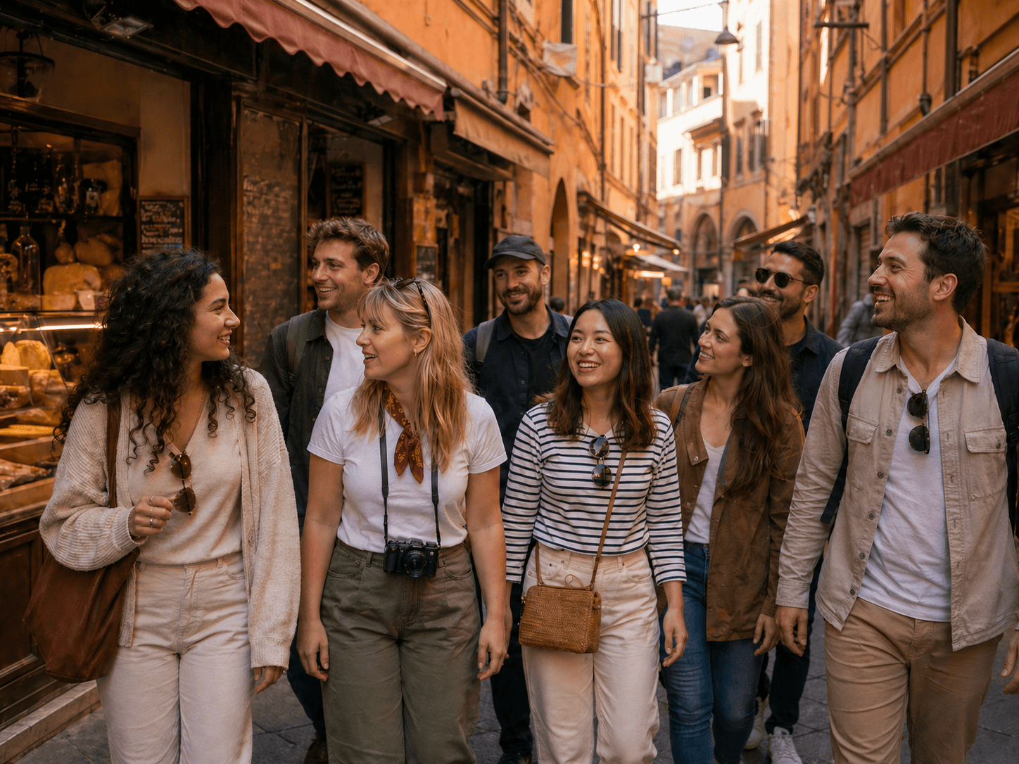 Amici sorridenti che passeggiano in un vicolo storico italiano tra negozi e architettura antica.