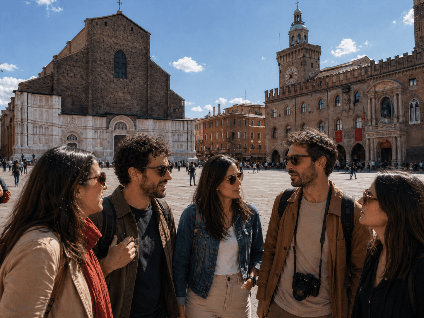 Cinque amici chiacchierano in Piazza Maggiore a Bologna davanti alla Basilica di San Petronio.